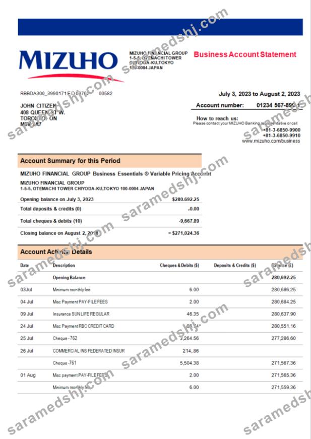 Mizuho  Financial Group bank company account statement Word and PDF template
